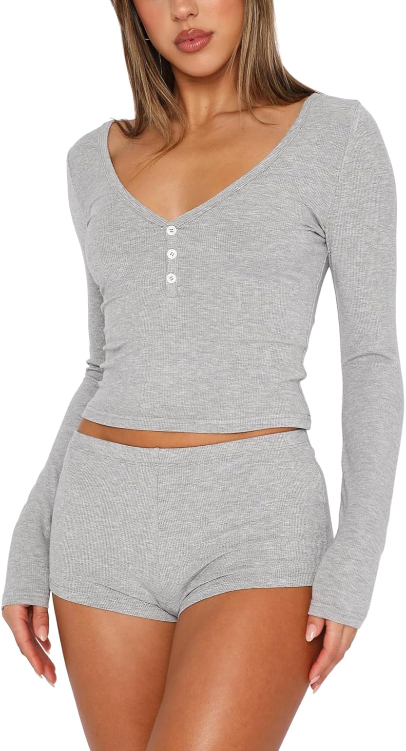 REVETRO Fall Womens 2 Piece Pajama Sets Sexy PJ Shorts Y2k V Neck Long Sleeve Lounge Set Sleepwear with Button Down