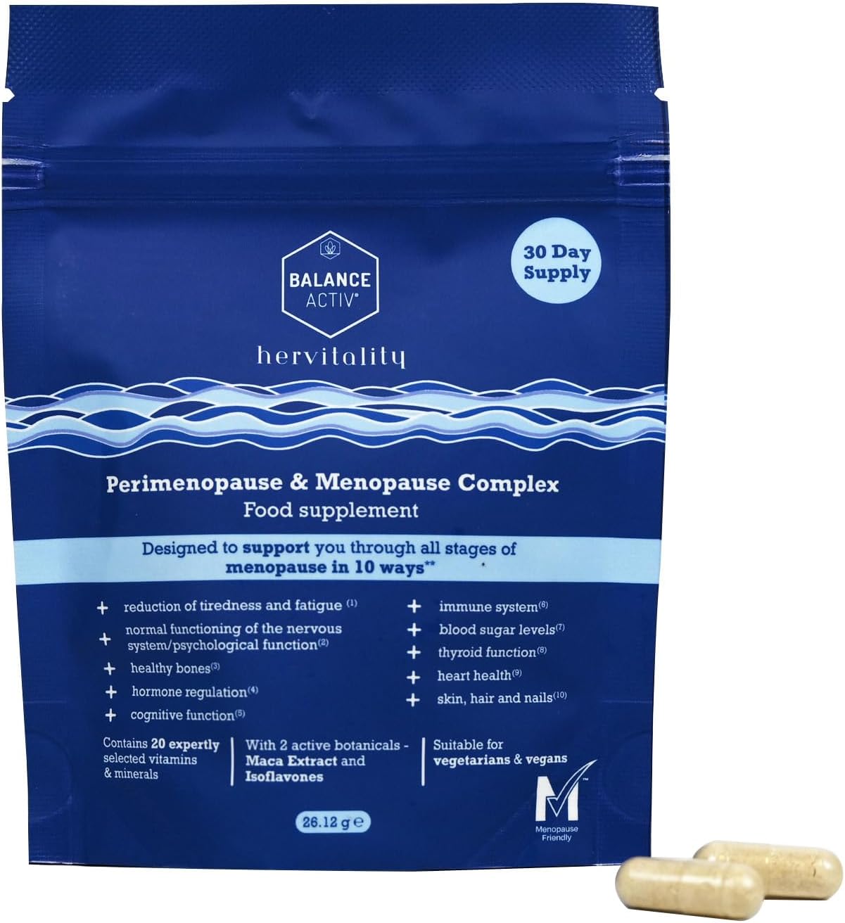 Balance Activ HerVitality, Perimenopause & Menopause Complex, Hormone Balancing, Maintain Wellbeing with Essential Vitamins, Minerals and Botanicals, Vegan, 30 Capsules, 1 Pack