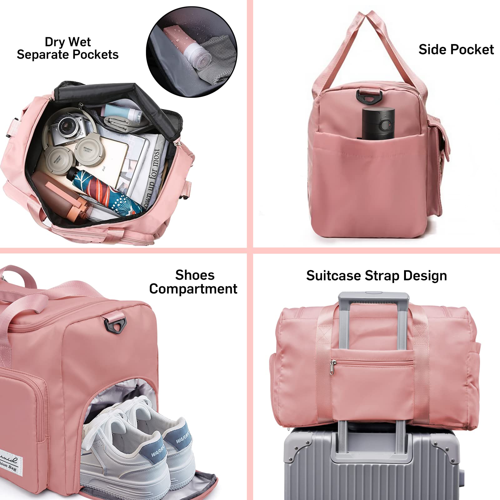 Suruid Sporttasche Damen und Herren Reisetaschen mit Schuhfach & Nassfach Weekender Tasche für Reisen als Handgepäck - Gym Bag,Trainingstasche Rosa