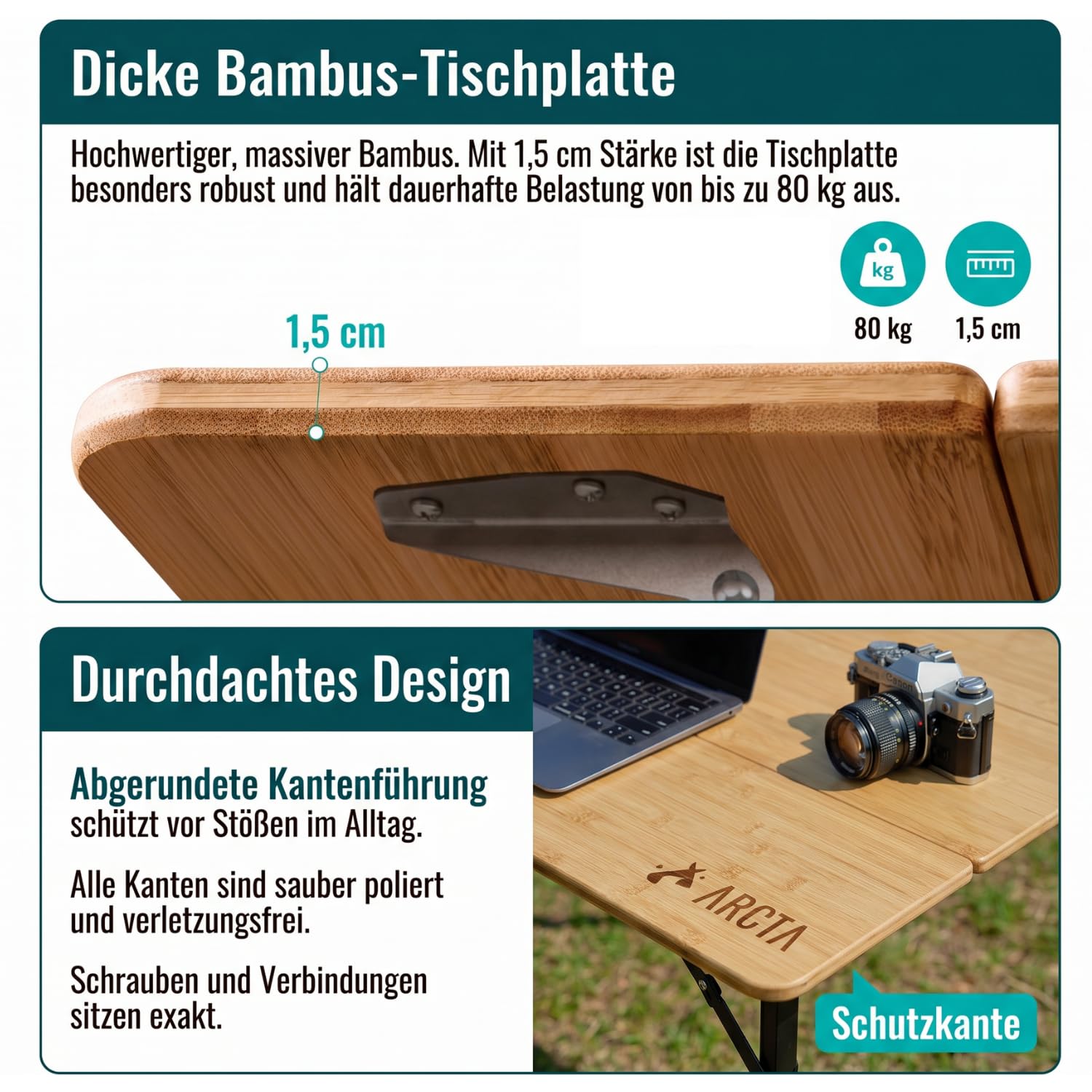 ARCTA® Campingtisch Faltbar Bambus 100x70cm – Höhenverstellbar 42-70cm – Klapptisch Outdoor bis 80kg – Picknicktisch für Camping, Garten & Balkon – inkl. Tragetasche – 8,5kg