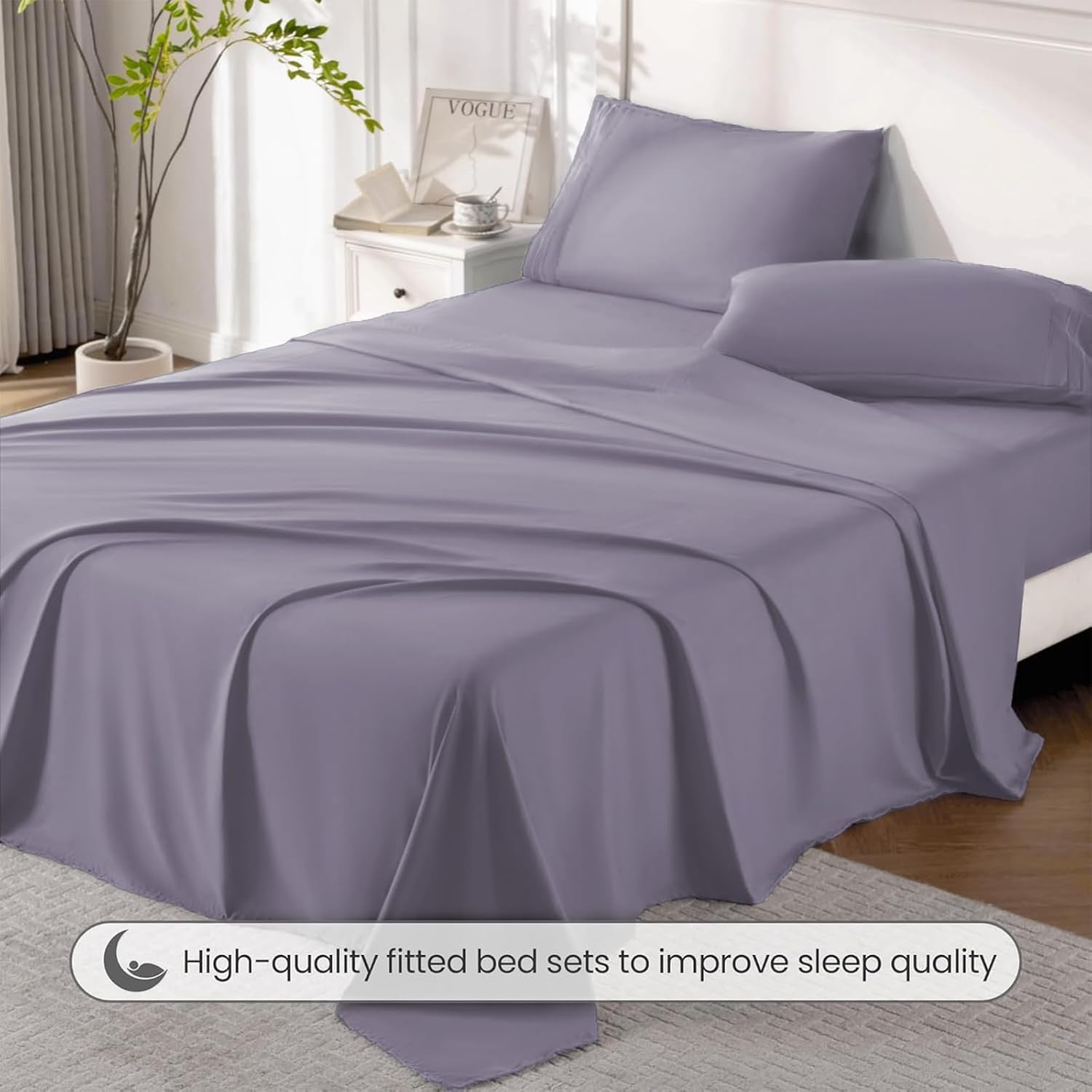 ROSE&RISY Light Lavender King Sheet Set, 4 Pieces Soft Bedding Queen Sheet Set, Breathable and Cooling,Includes 1 Fitted Sheet, 1 Flat Sheet, 2 Pillowcases - Deep Pocket (Light Lavender, Queen) image 5