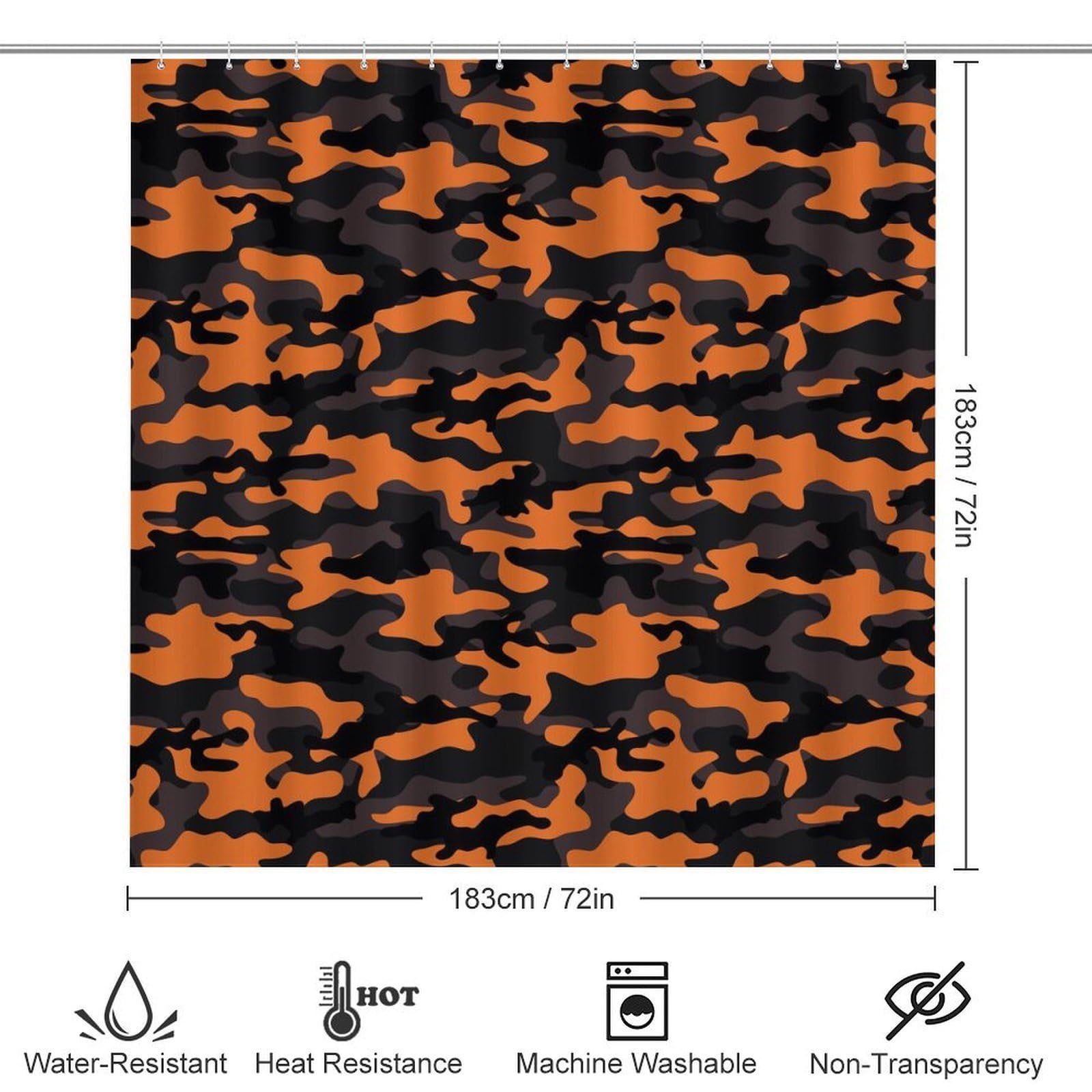 Ensemble de 4 pièces de salle de bain avec rideau de douche et tapis – Tapis de salle de bain tendance et moderne à imprimé camouflage orange noir – Accessoires de décoration pour forme de U et tapis