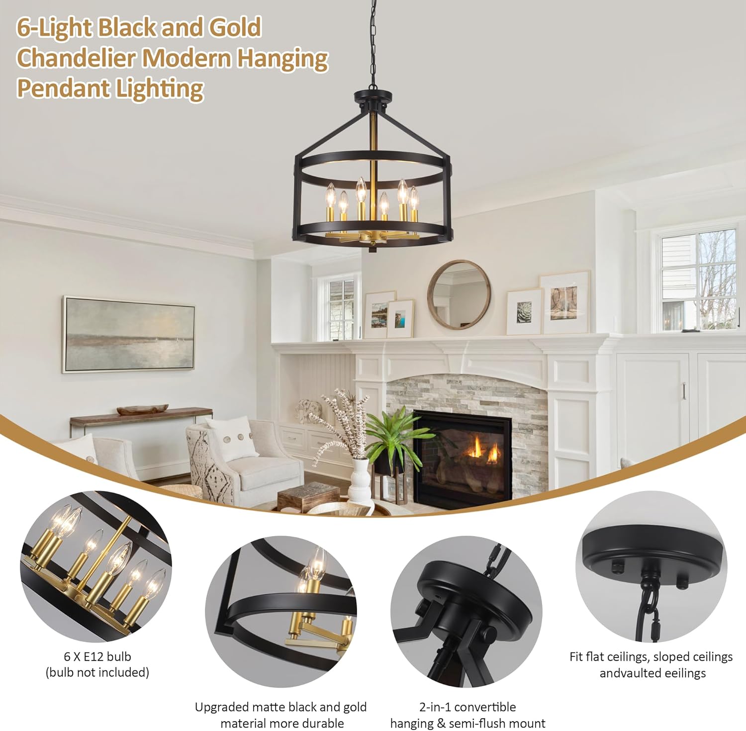6-Light Modern Farmhouse Chandelier, Black and Gold Semi Flush Mount Ceiling Light Fixture Convertible Hanging Pendant Lights, Rustic Vintage Chandeliers for Dining Room Foyer Kitchen Bedroom Entryway
