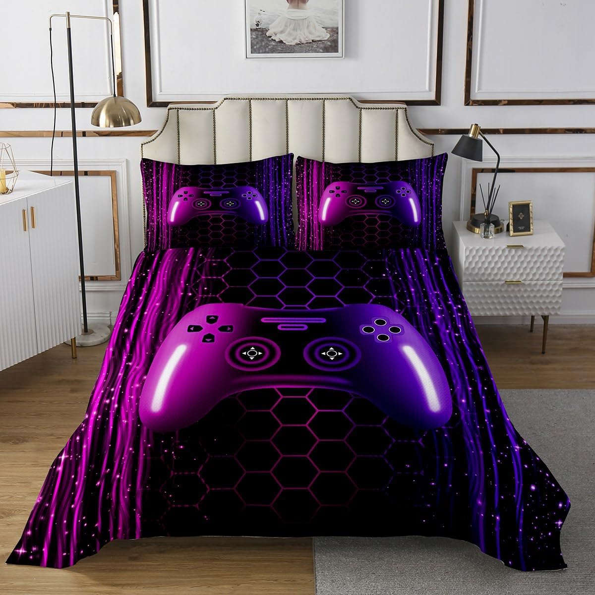 Erosebridal Gaming Coverlet Set Queen Bedding Sets for Boys 3D Rainbow Gamer Bedspread Set for Kids Teens Men Game Console Bedding Stripes Honeycomb Hexagon Bed