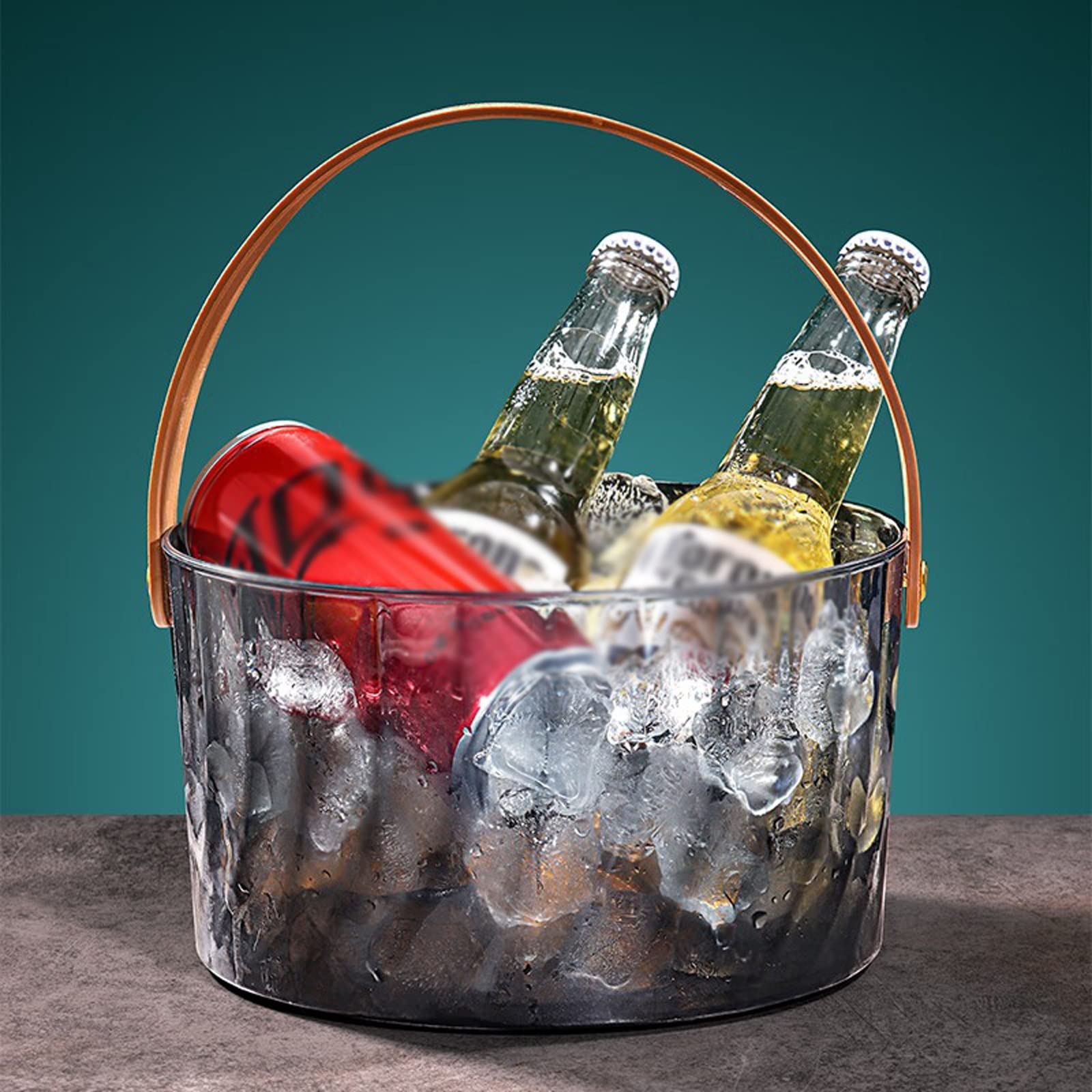 Fiesta Cubitera de acrílico gris con mango cuero marrón, 3 litros, moderna, lujosa, grande, portátil, cómoda, asa transporte, ideal for bar en casa, cerveza fría y champán Recipiente para bebidas