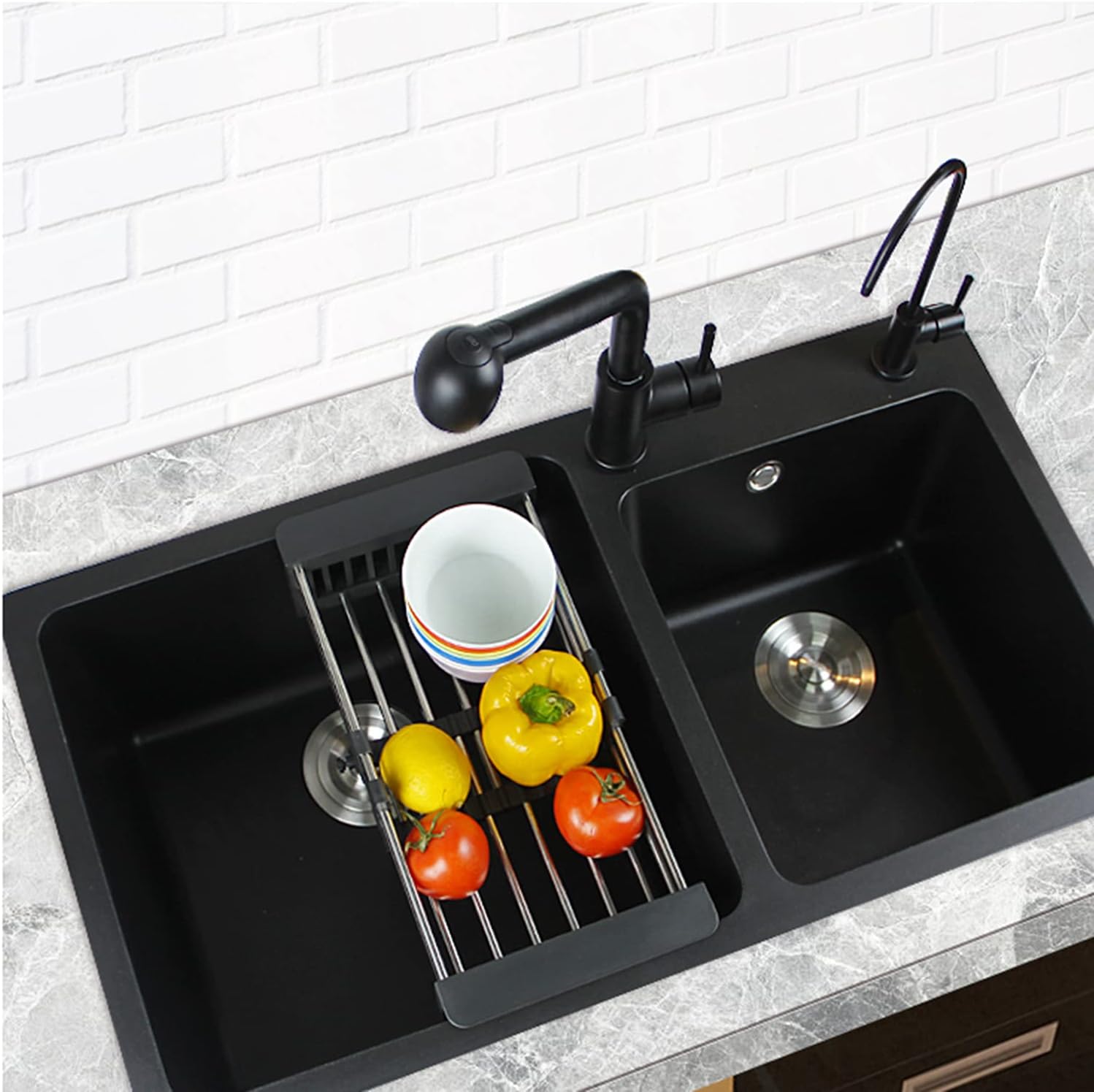 Large Rectangular Double Bowl Sink, Black Quartz Stone Sink for Restaurant Bar Counter (B 78 * 43 * 20cm) (B 75 * 41 * 20cm)