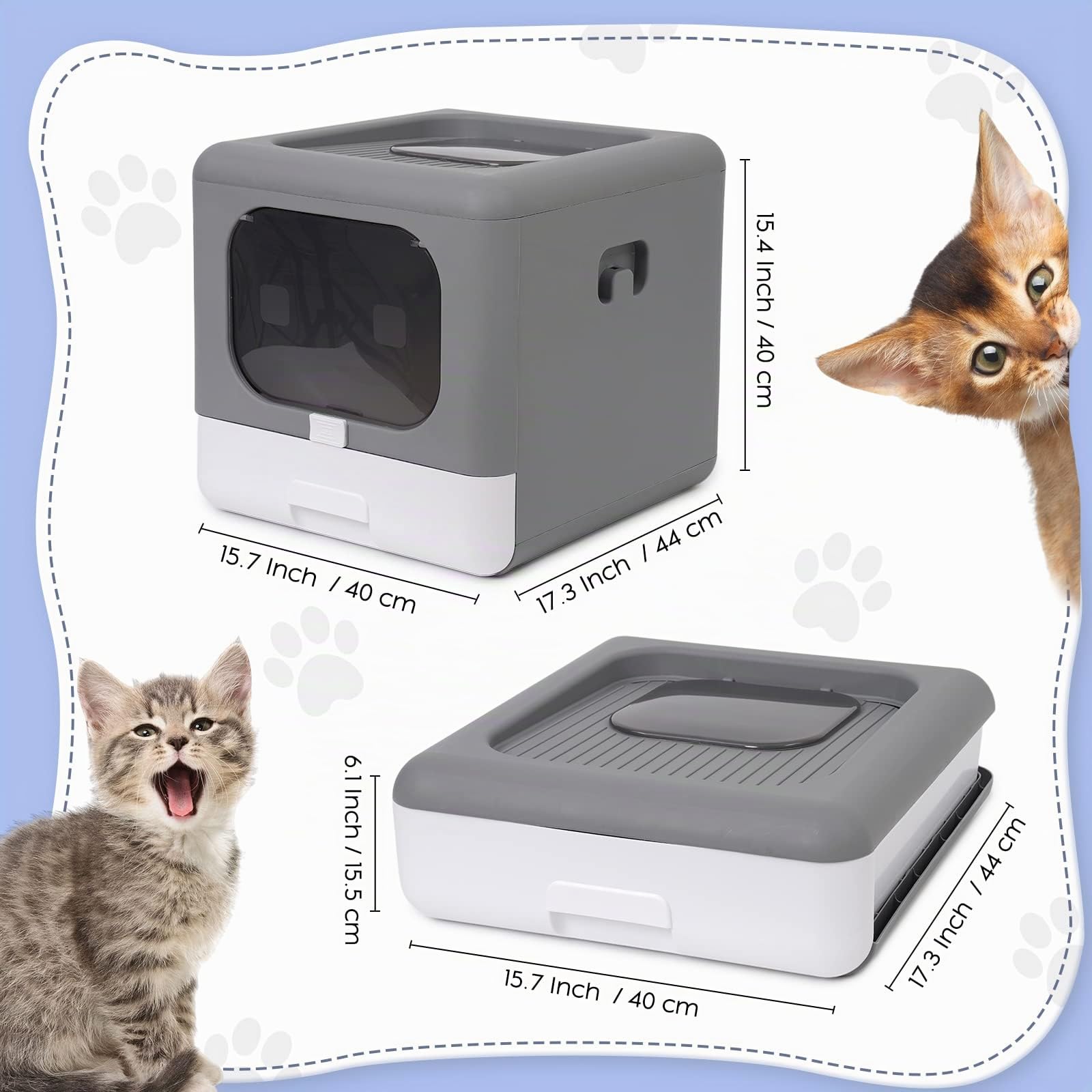 Lettiera gatto chiusa con coperchio, pieghevole e chiusa, con porta anteriore e ingresso dall'alto, facile pulizia, lettiera resistente agli spruzzi d'acqua (grigia)