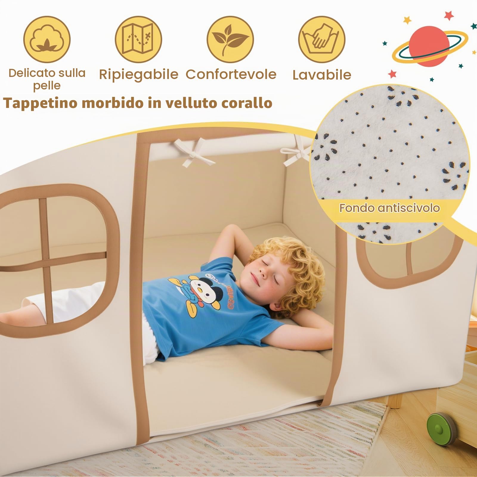 HOMASIS Tenda per Bambini da Interno, Casetta da Gioco per Bambini con Luci Stellate e Tappetino Imbottito e 4 Finestre, Tenda Principessa per Ragazzi e Ragazze dai 3+ Anni (Marrone)