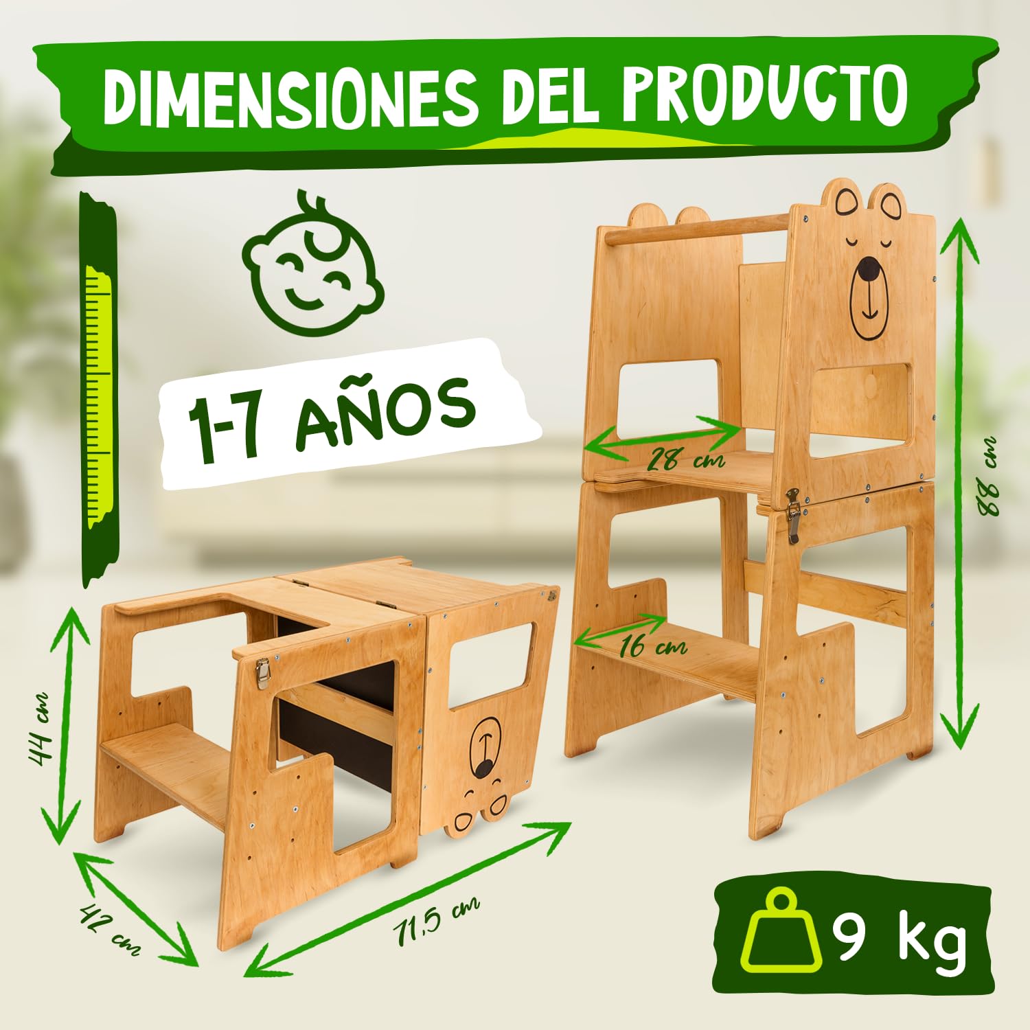 KAUZA Torre de Aprendizaje Montessori Plegable para Niños – Ajustable en Altura, Transformable en Mesa y Silla, Ideal para la Cocina, Juegos y Actividades, Seguridad Garantizada, Madera Natural