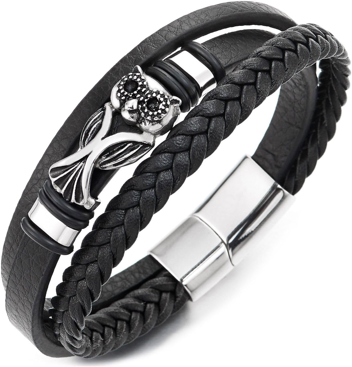 Men’s Black Braided Leather Bracelet with Vintage Owl Charm Steel Clasp Punk Gothic Wristband