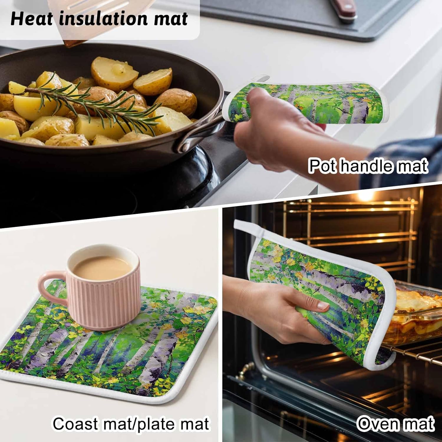 5 Pack Pot Holders for Kitchen, Green Oil Painting Hot Pads for Kitchen Countertops Oven Pot Holder Bulk, Modern Abstract Art Summer Tree Leaves Heat Insulation Potholders with Hanging Loops