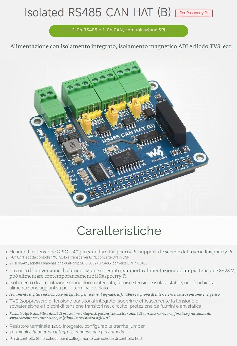 Waveshare Isolated RS485 CAN HAT B Type for Raspberry Pi 2-Ch RS485 and 1-Ch CAN Multi Protections