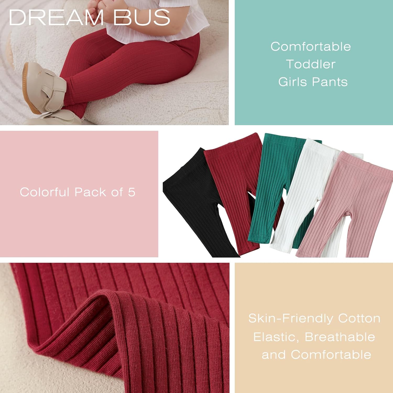 DREAM BUS 5 Pack Toddler Girl Pants Baby Girl Solid Ribbed Pants Toddler Girls Bottoms Leggings Newborn Cotton Jogger - Image 5