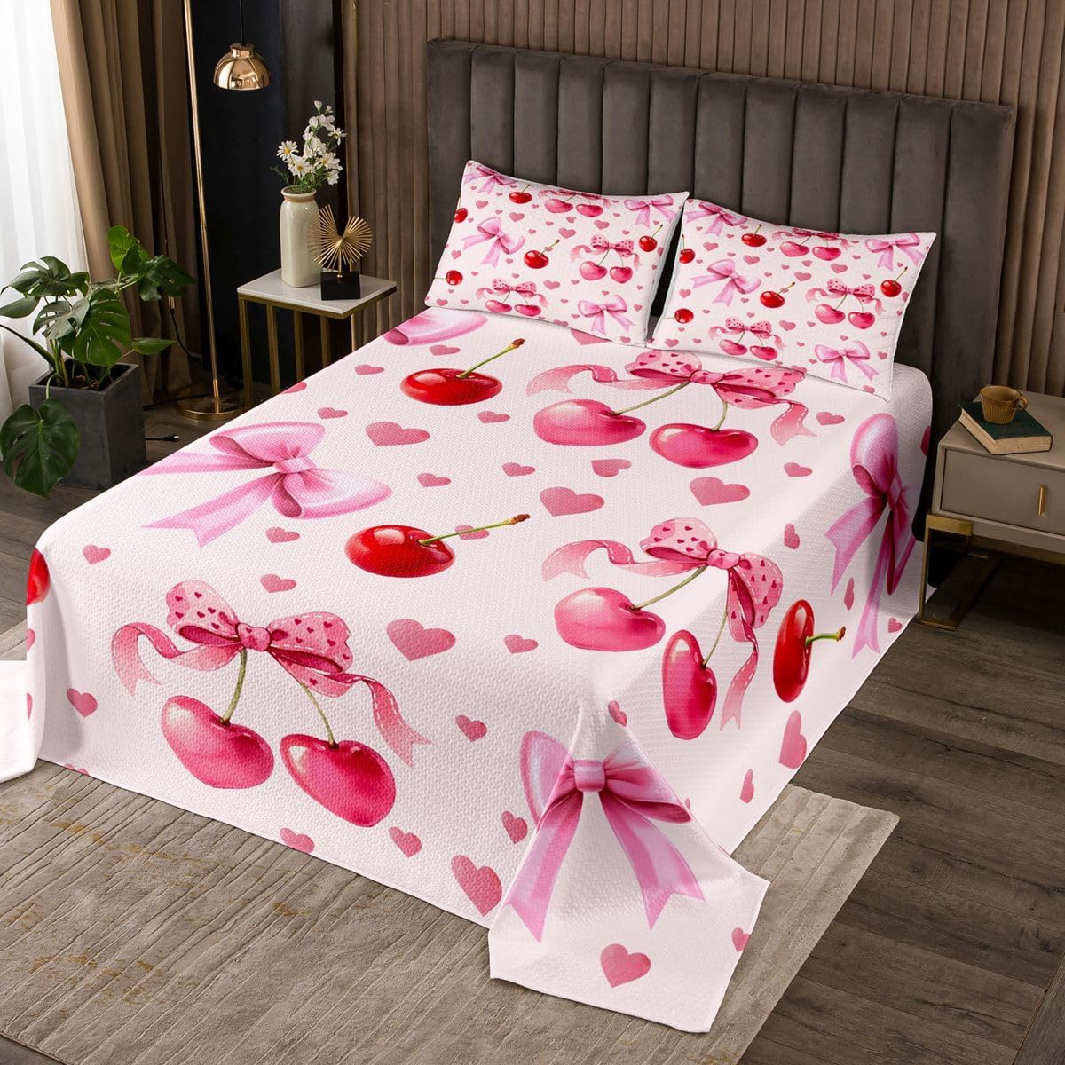 Erosebridal Pink Kawaii Bow Quilt Set Ribbon Bowknot Cherry Watercolor Twin Bedspread Set | Cartoon Bow Tie Love Heart Coquette Coverlet Sets Dreamy Princess Style Quilted