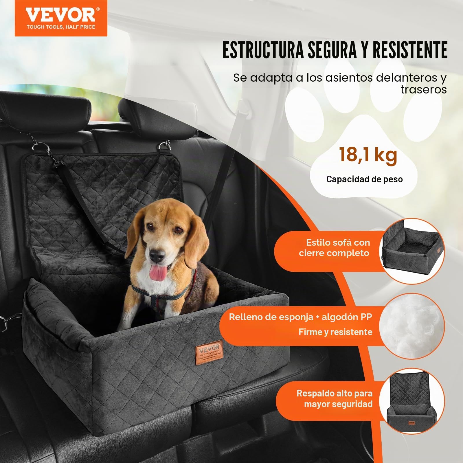 VEVOR Asiento de Coche para Perros 18 kg Asiento de Seguridad para Mascotas Asiento Elevador Impermeable con Correa de Seguridad con Clip Acolchado de Algodón PP Silla para Coche para Mascotas, Negro
