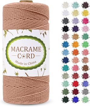 2mm Macrame Cord, 2mm x 219yards Colored Macrame Rope Yarn, Natural Cotton Cord 3 Strands DIY Craft String for Wall Hanging, Plant Hangers, Knitting, Christmas, Wrapping Apricot