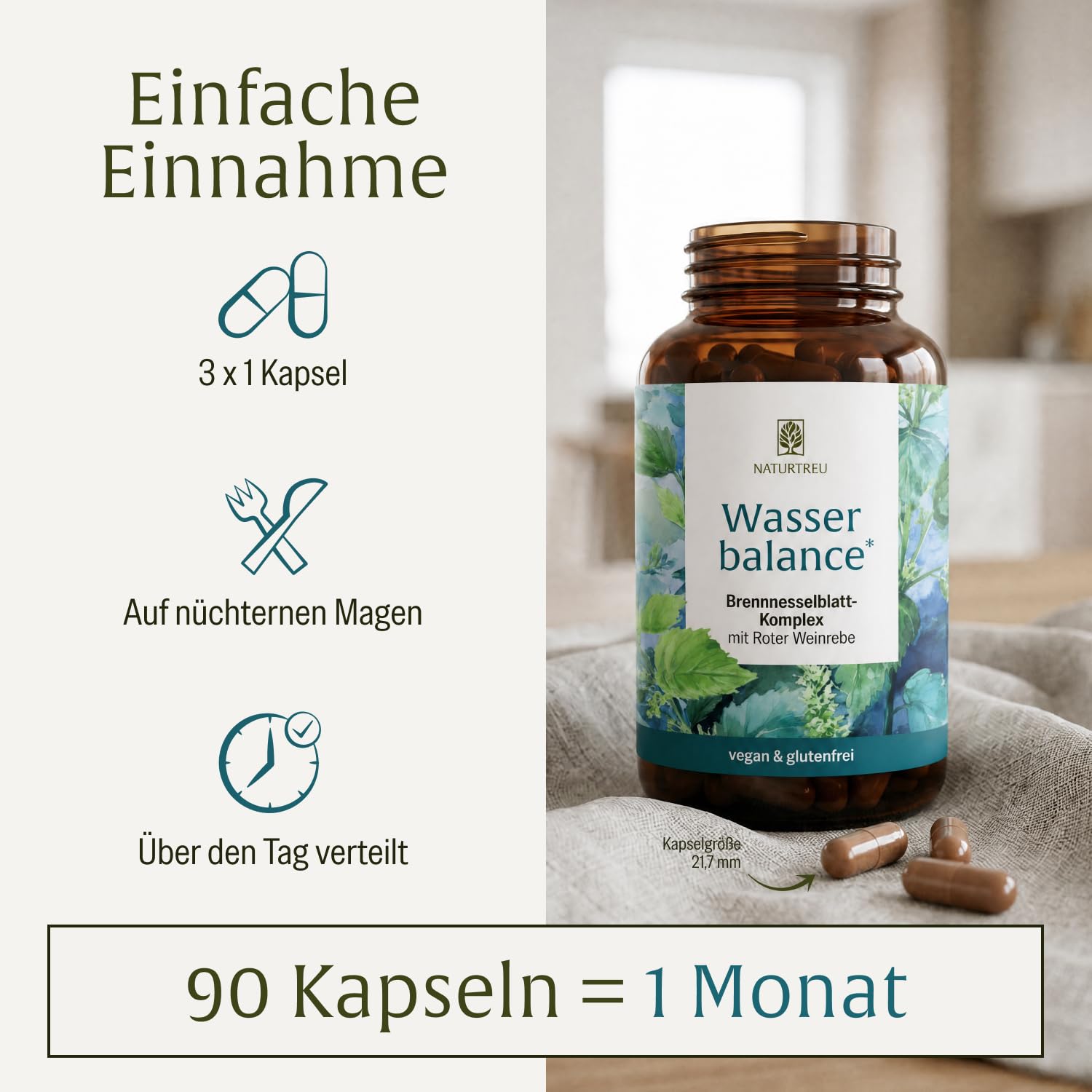 NATURTREU® Brennnessel Kapseln Komplex mit Rosskastanienextrakt und roter Weinlaub Vegan und ohne chemische starke Entwässerungstabletten 90 Wassertabletten