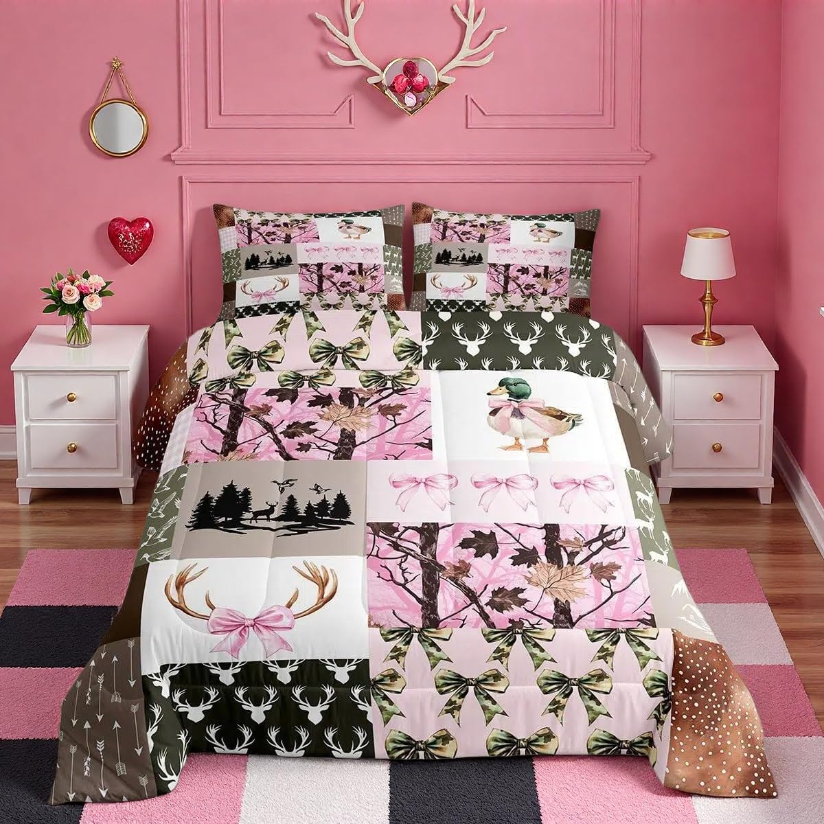 Feelyou Hunting Pink Girls Bedding Set Full Size,Mallard Duck Pink Bow Comforter Set for Kids Teens Room Camo Decor Farmhouse Rustic Bed Set