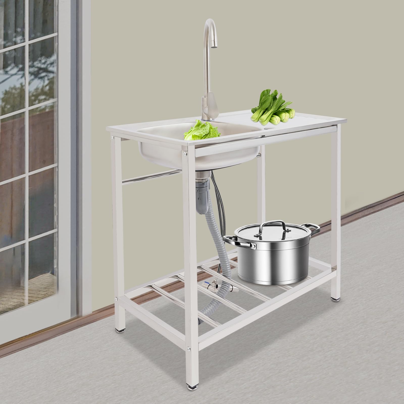 Lavello da esterno autoportante, 1 vasca lavello mobile con rubinetto per acqua calda e fredda e mobiletto sottostante, tavolo lavello in acciaio inox lavello da cucina per ristoranti, caffè