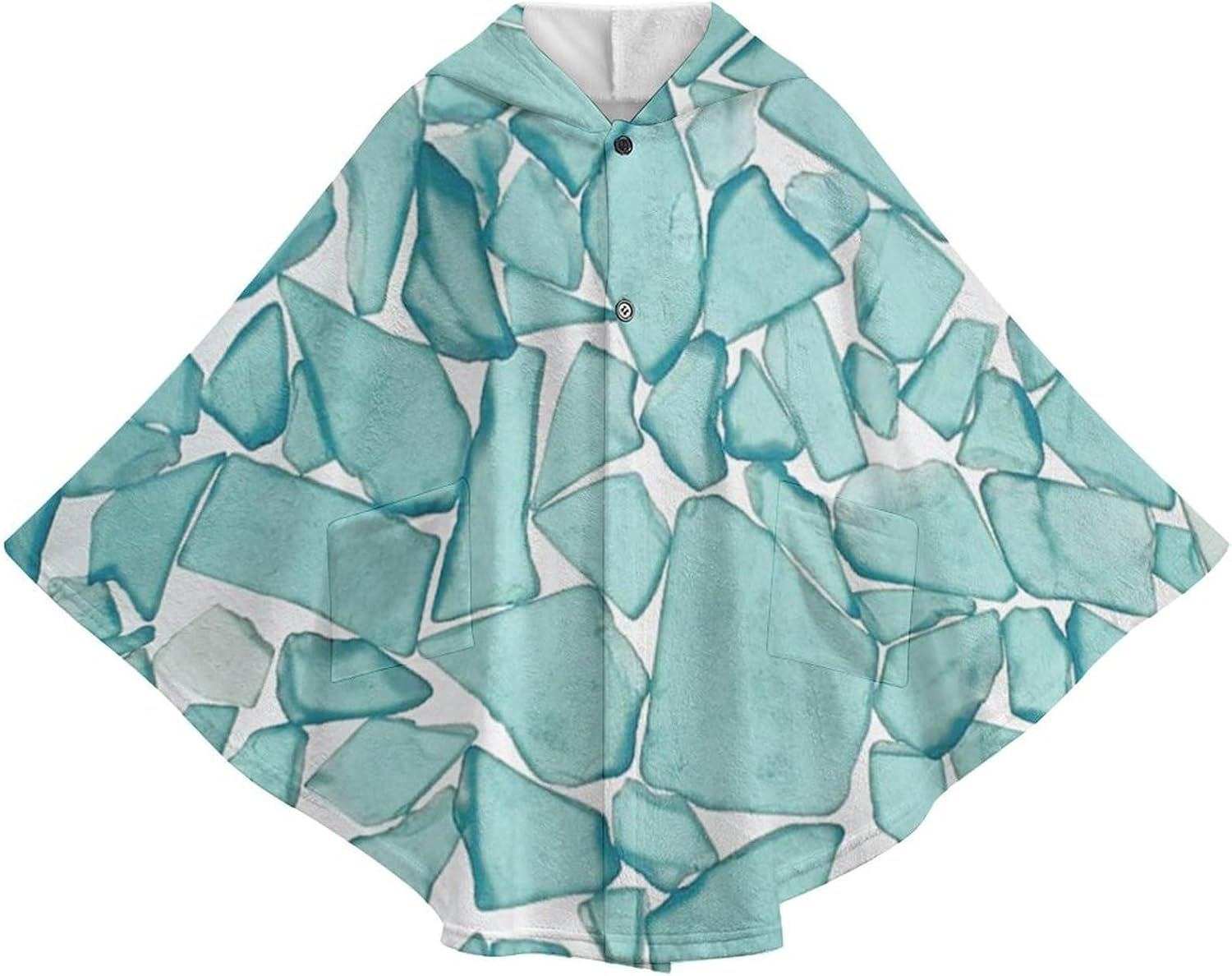 Teal Sea Glass Nautical Print Wearable Blanket with Hooded Flannel Blankets Cape with Pocket