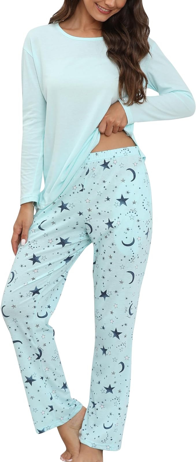 PNAEONG Women's Cotton Long-Sleeve Tops and Full-Length Pajama Set Two-Piece Pjs with Pockets SY008