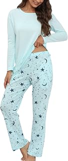 PNAEONG Womens Pajama Sets Cotton Long Sleeve Top with Full-Length Pant Pjs | Soft Cotton Blend Sleepwear, 2 Piece Long Sleeve Top, Printed Pants with Pockets, Comfy Lounge Set, Loungewear, Home, Daily