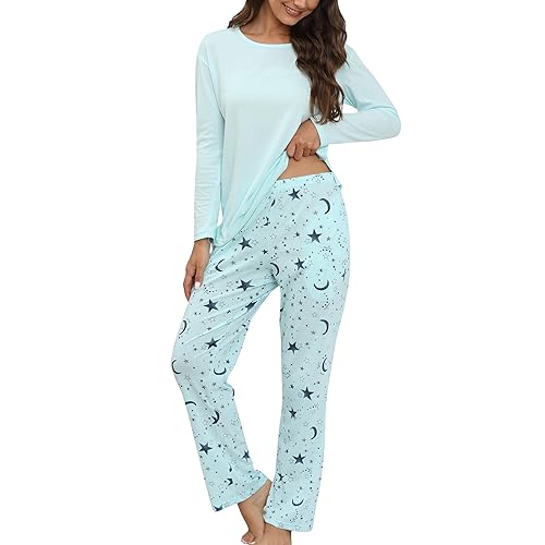 PNAEONG Women's Cotton Long-Sleeve Tops and Full-Length Pajama Set Two-Piece Pjs with Pockets SY008 - Medium - Blue Star