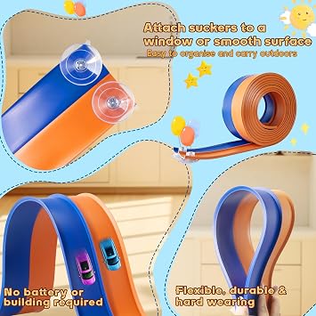 Flex Track 4.5m Starter Set, Flexible Race Car Ramp Track for Ages 3 & Up with Suction Cups Compatible with Diecast 1/64th Cars (Blue & Orange)