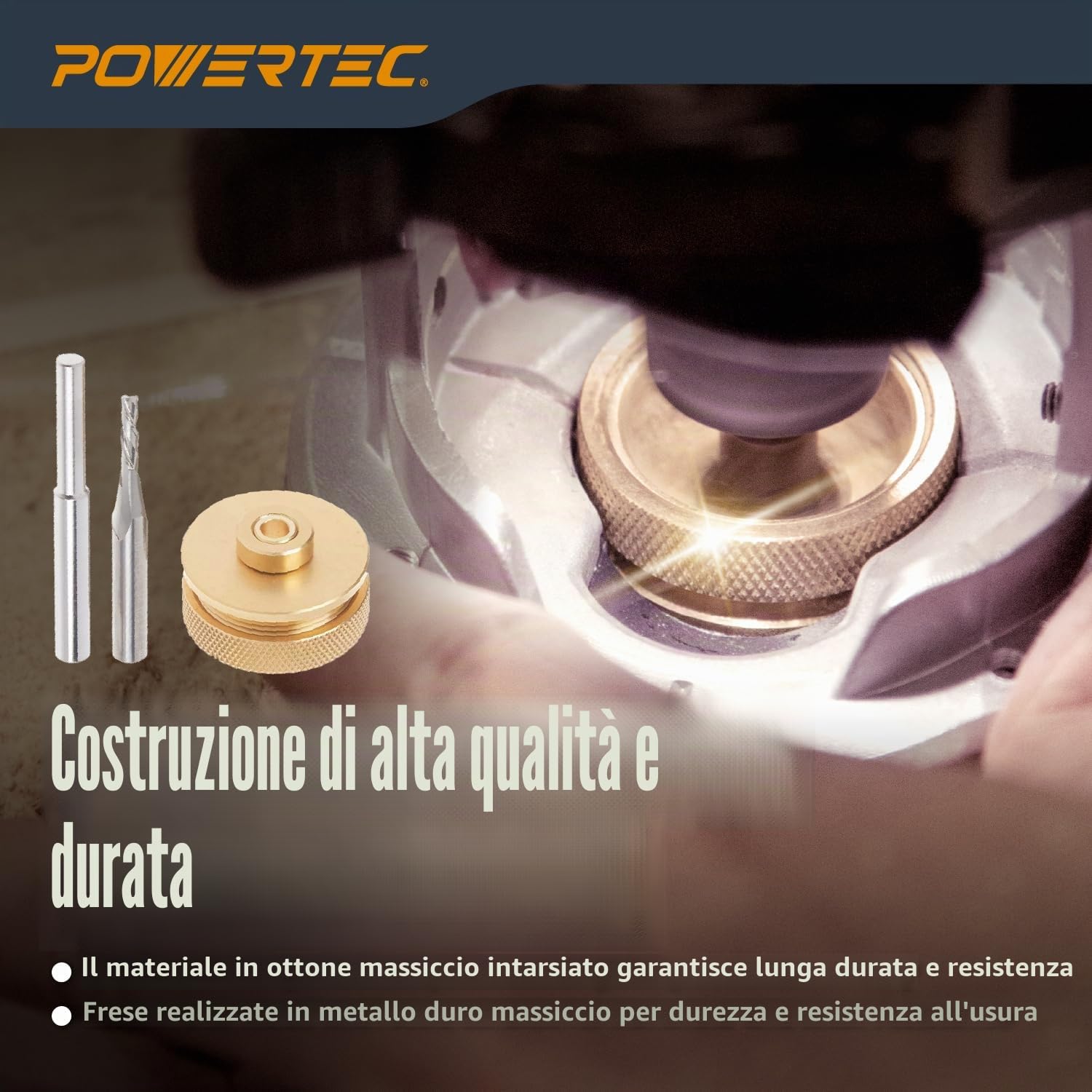 POWERTEC 71333 - Kit di punte per fresa in ottone massiccio, per modelli da 1/4 per routing ad alto numero di giri, include punta per fresa in carburo da 1/8 + gambo da 1/4, boccola universale, dado