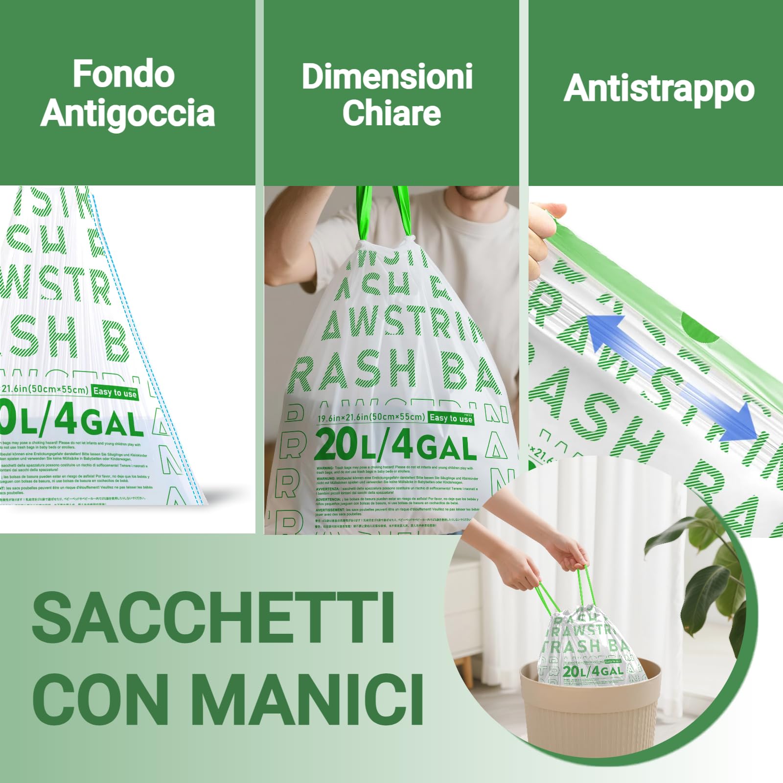 OKKEAI 90 Sacchetti Spazzatura Piccoli 20L Bianchi con Manici a Cordoncino - Sacchetti Immondizia Pretagliati, Buste Spazzatura Resistenti, Antistrappo, Impermeabili, Fondo Anti-Perdite, per Casa