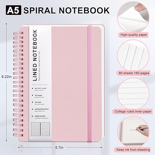 Miniatura 2 de ABERLLS Cuaderno de diario en espiral forrado rosa con 160 páginas, 8 x 5.7 pulgadas, cuaderno en espiral A5, cuadernos de diario para trabajo,
