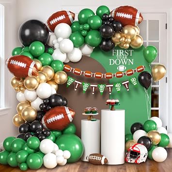 117Pcs Football Balloon Arch Kit Football Birthday Party Decorations, Banner Foil Balloon Green Gold Balloon Garland, Superbowl Party Decorations Sport Theme First Year Down Baby Shower Decor Supplies