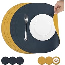 comfoyar Faux Leather Round Placemats with Coasters Set of 6, 13x13 Inch Non-Slip Heat Resistant Dual-Sided Blue Yellow Place Mats, Waterproof Table Mats for Kitchen Dining Party Table Decoration
