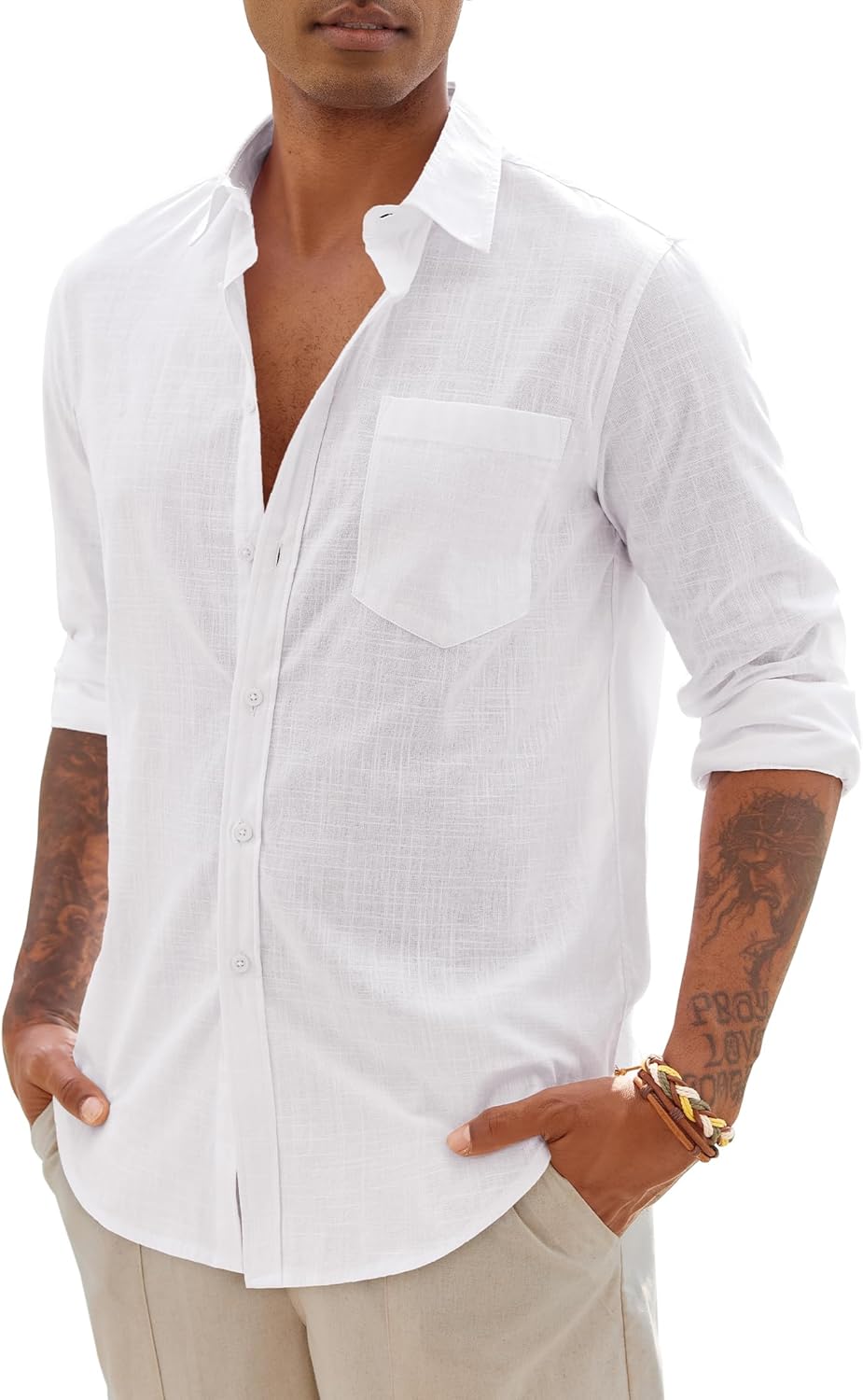 DEMEANOR Mens Linen Shirt Long Sleeve Casual Cotton Solid Regular Fit Wedding Summer Beach Button Down Shirt - Image 2
