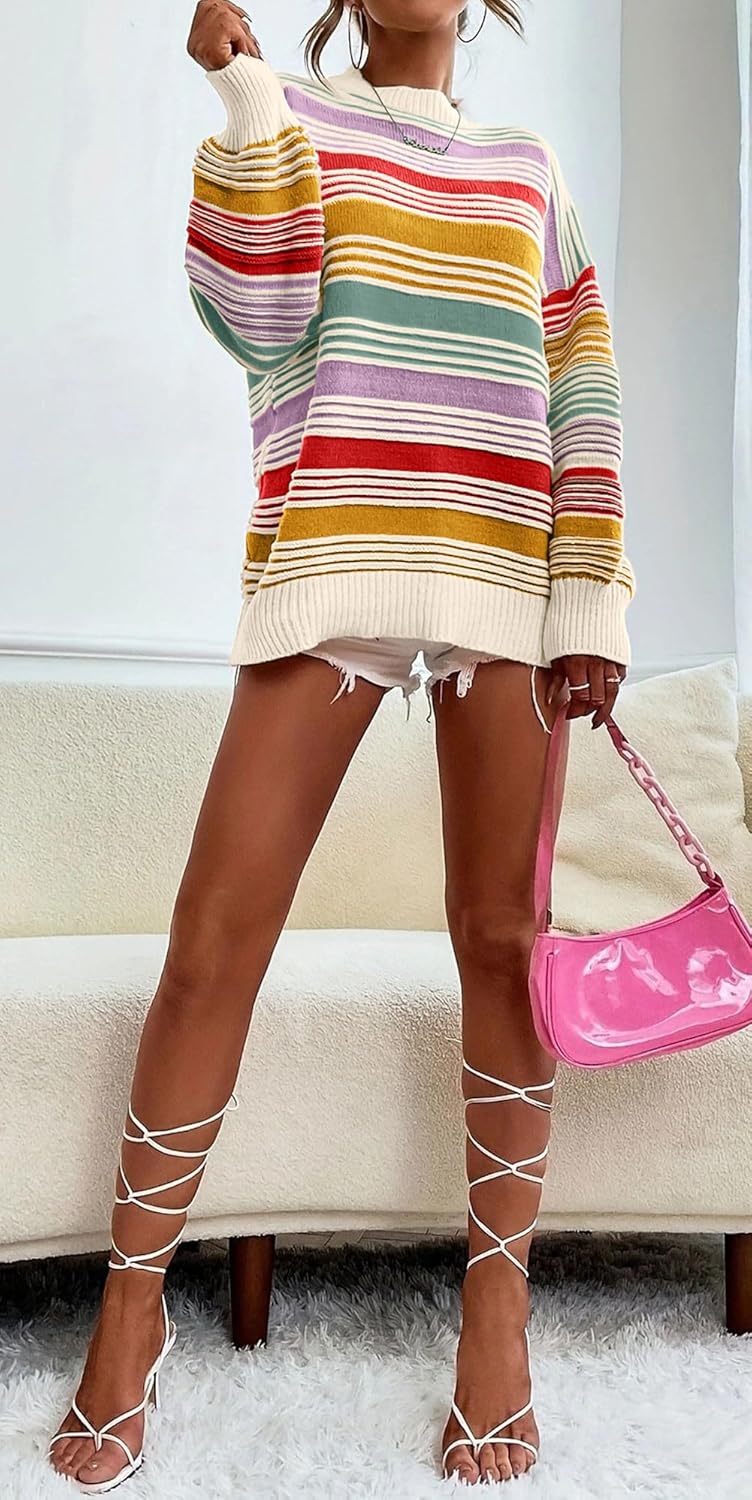 CHARTOU Women Contrast Striped Pullover Sweater 2025 Fall Outfits Oversized Knit Jumper Tops - Image 6