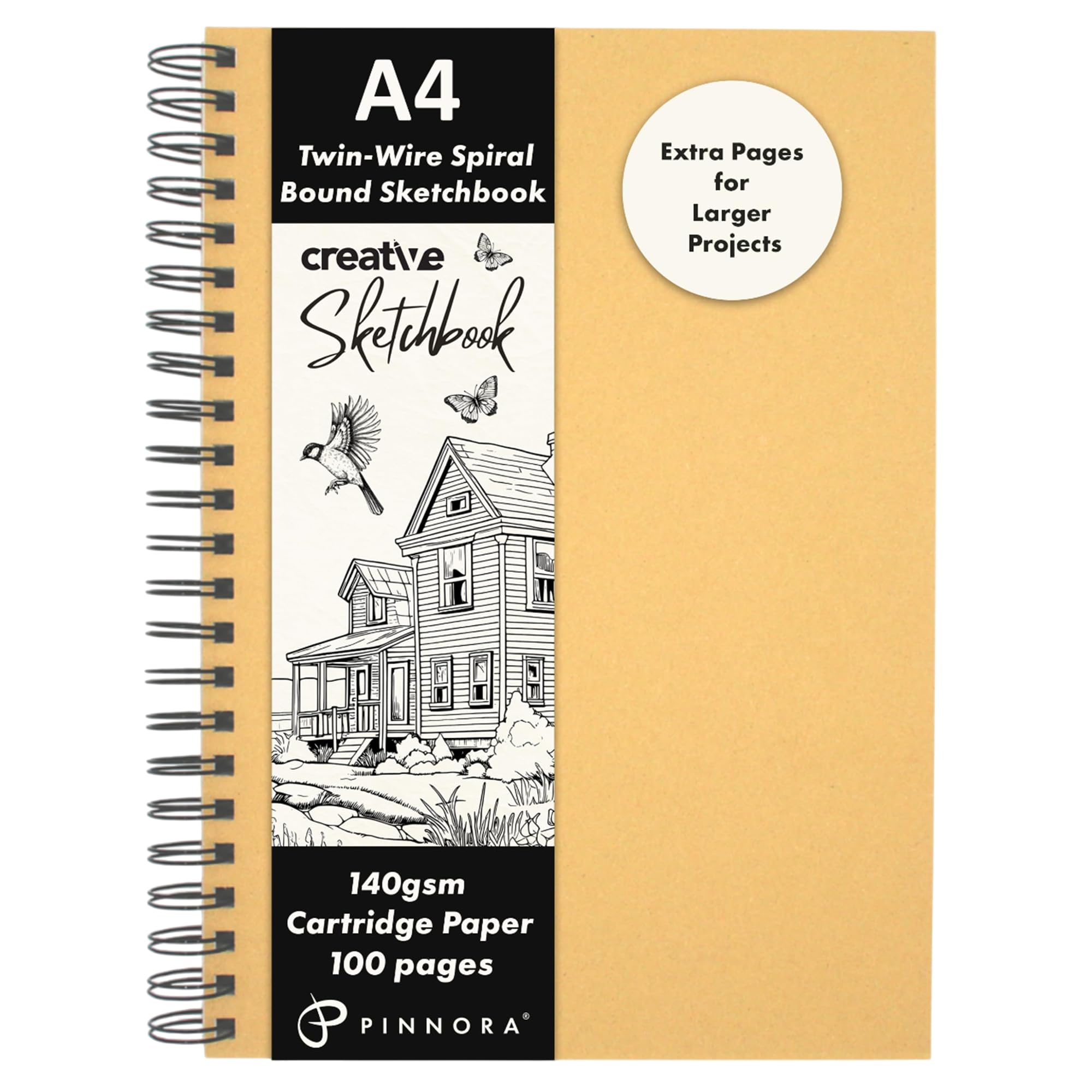 Pinnora A4 Kraft Cover Creative A4 Sketchbook (140Gsm) - Kraft Hardcover Sketch Book With Thick Cartridge Paper | Twin-Wire Spiral Bound Sketch Pad, A4 Drawing Pad For Sketching - Art Book For All Ages (100 Pages)