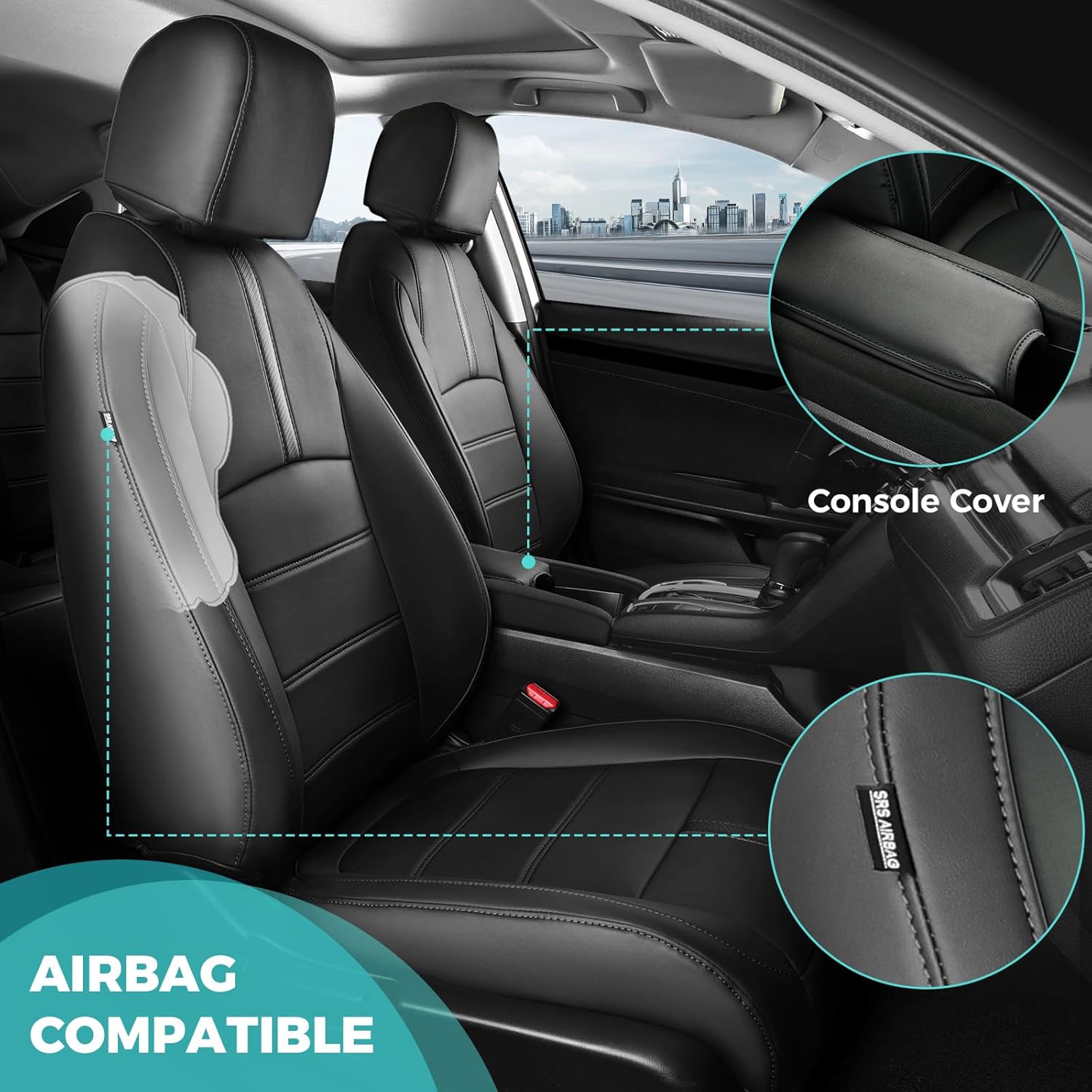 Seat Covers for Honda Civic Sedan LX 2016 2017 2018 2019 2020 2021, Faux Leather Car Seats Cover Full Set Waterproof, Black (Solid Rear Seatback - No Rear Armrest)
