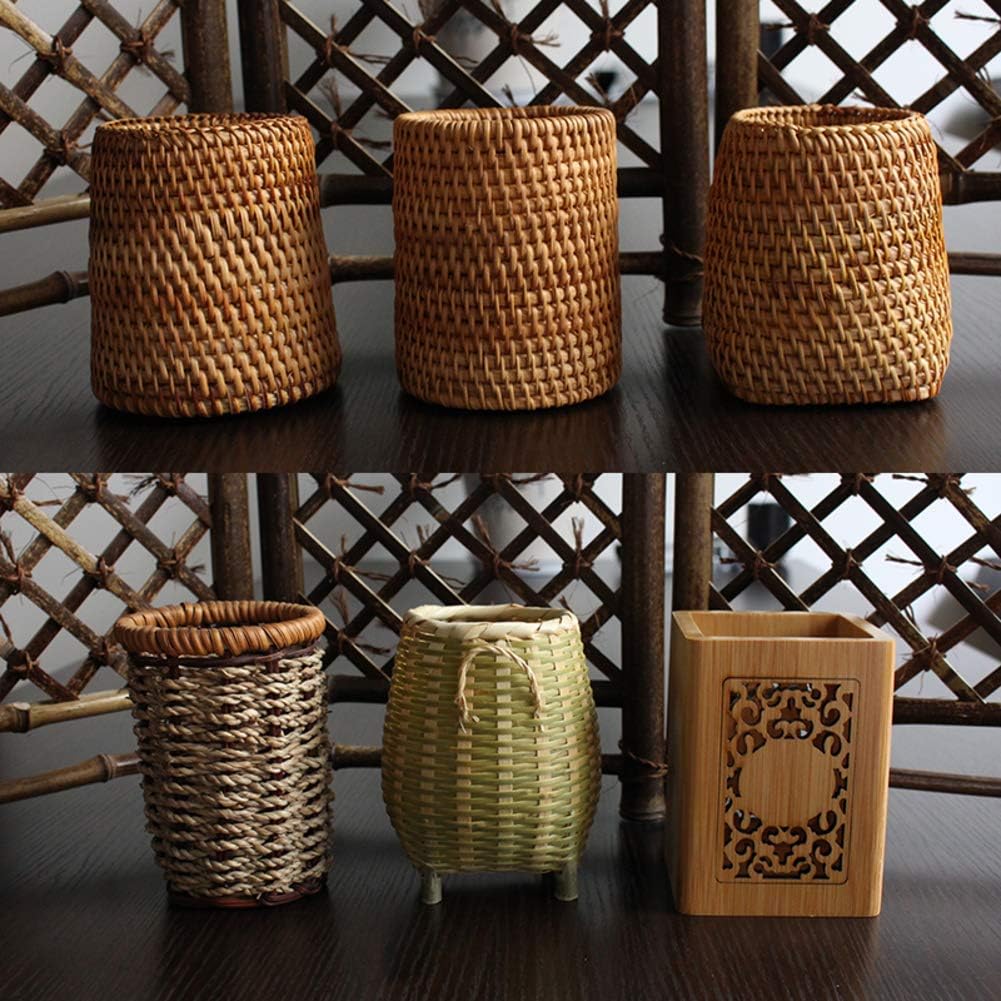 WJX&Likerr Rustic Bamboo Weaving Pen Pencil Holder, Handmade Office Desk Organizer Decoration Cosmetic-E 8x8x10cm(3x3x4inch)