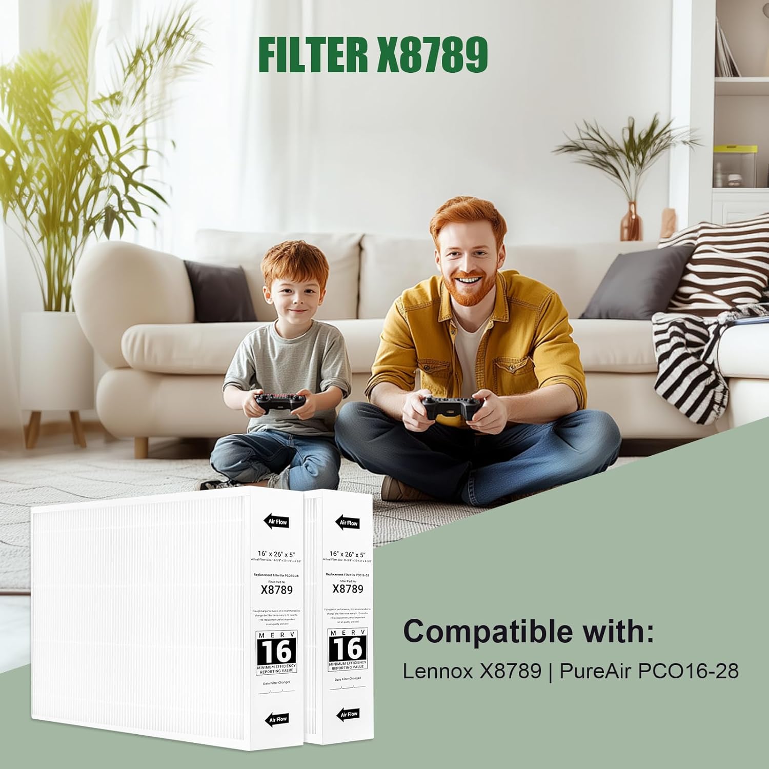 X8789 Filter 16x26x5 MERV 16 Filter – Compatible with Lennox X8789 and PureAir PCO16-28 Air Cleaner 2 Packs Carbon Clean Furnance Filter (Furnaces,Air Conditioners,Heat Pumps)