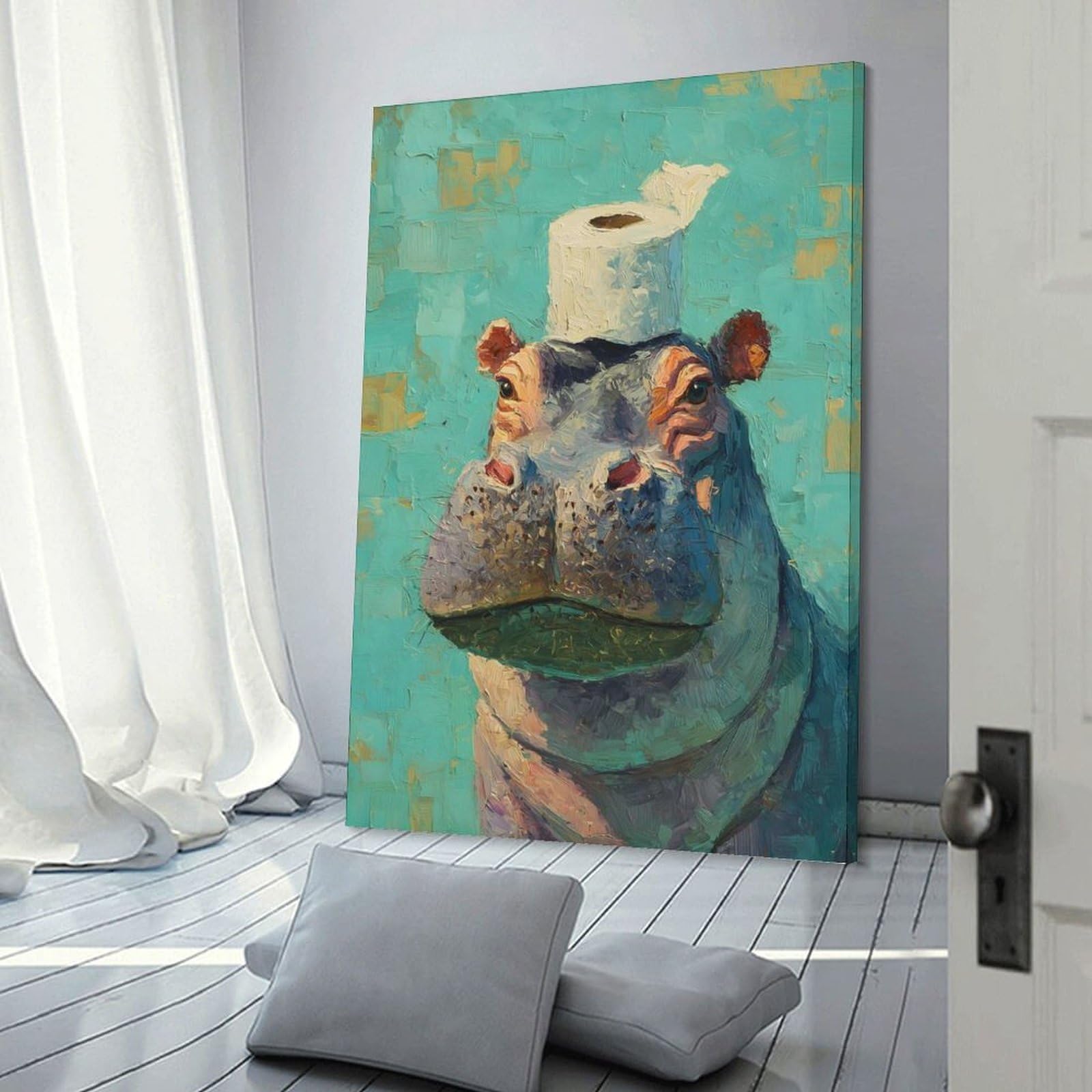 Junmoney Frame-Style-16 Wall Decor Canvas Print Hippo With Toilet Paper Hat, 20X30inch(50X75cm), For Bedroom, Lounge Or Dressing Area, Stylish Decor For A Restful Room Update