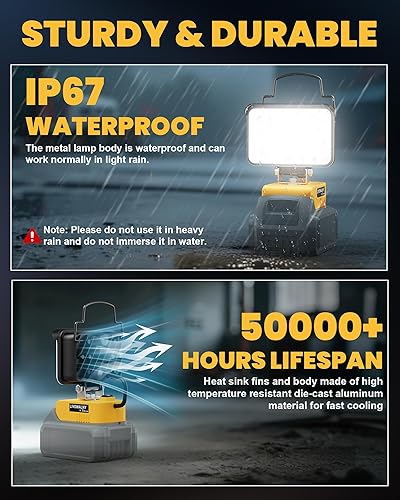 Vista 5 de LIVOWALNY Luz de trabajo LED compatible con batería Dewalt de 20 V, linterna inalámbrica de 38 W 3800 LM, herramientas de 20 V, reflector portátil