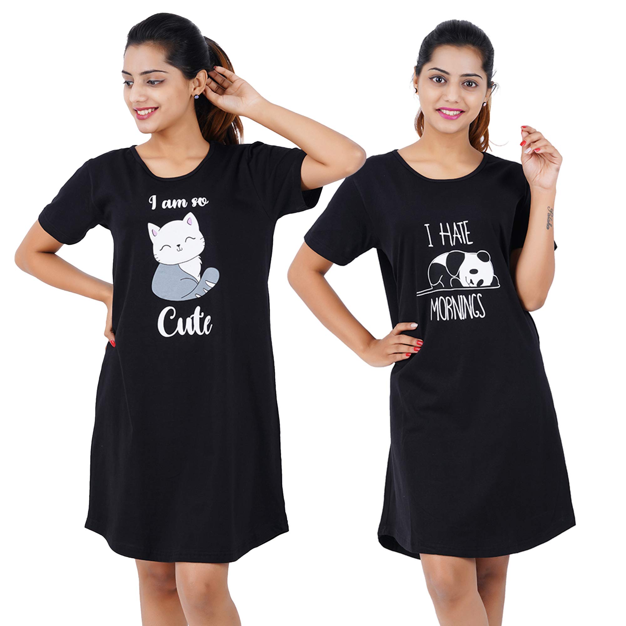 Buy That TrendzPrinted Cotton Short for Women 2 Pcs Combo Night Dress I am So Cute Black I Hate mornings Black Large