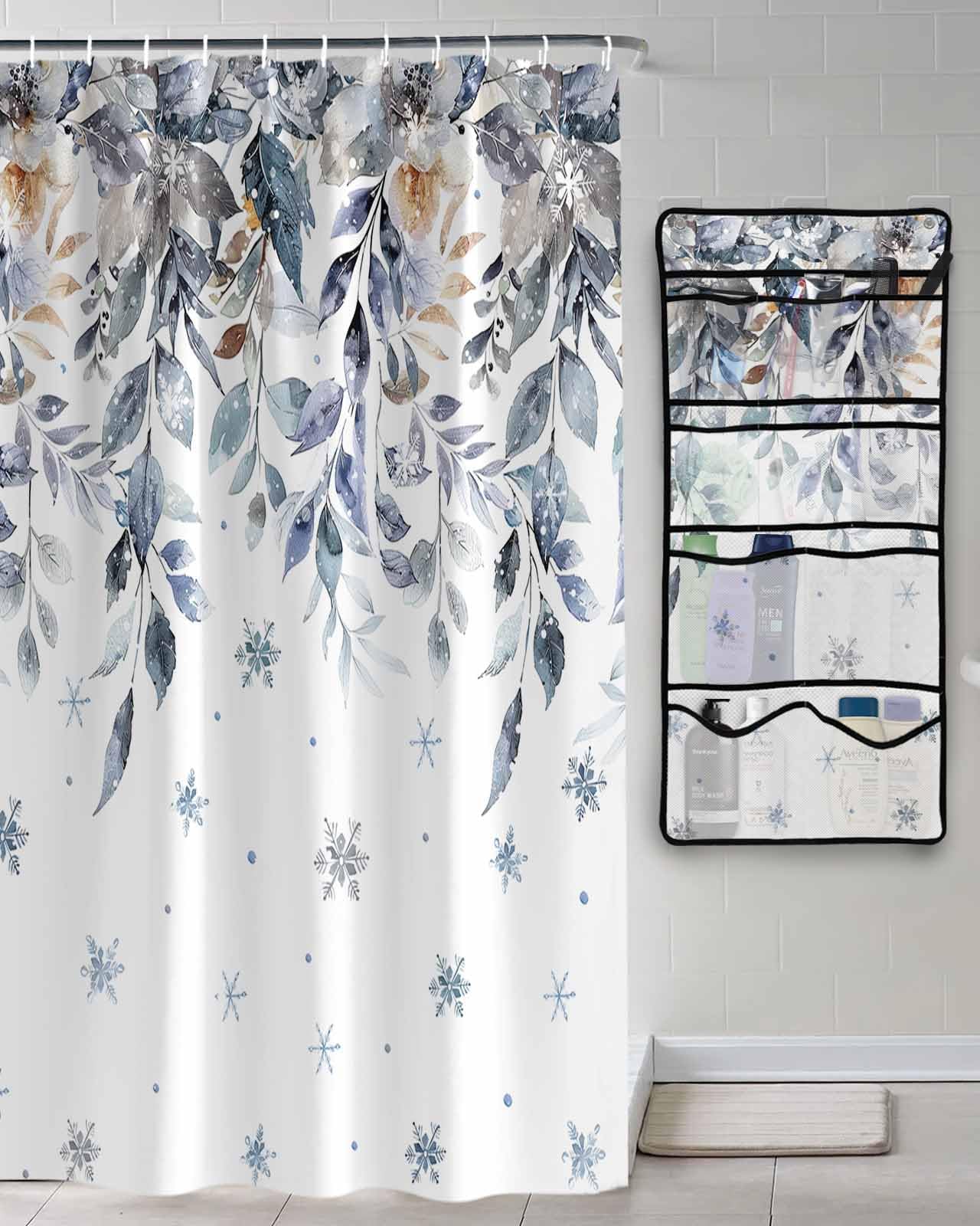 Decorative Shower Curtain Sets Winter Eucalyptus Blue Fabric Waterproof Shower Curtains Watercolor Floral Leaves Snowflake Mesh Shower Caddy