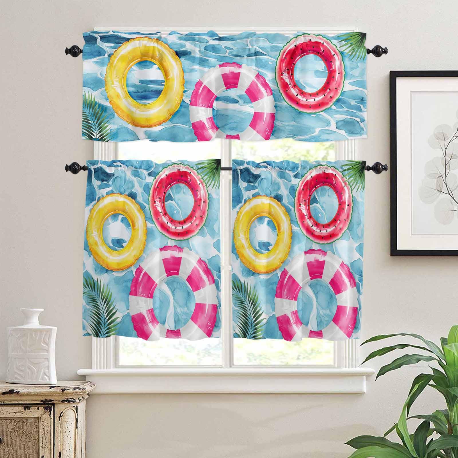 Summer Pool Kitchen Curtains 36 Inch Length, 3 Piece Rod Pocket Small Half Tiers and Valance Set, Blue Water Red Orange Swimming Ring Art Small Large Window Treatment Decor for Bedroom/Bathroom Sink