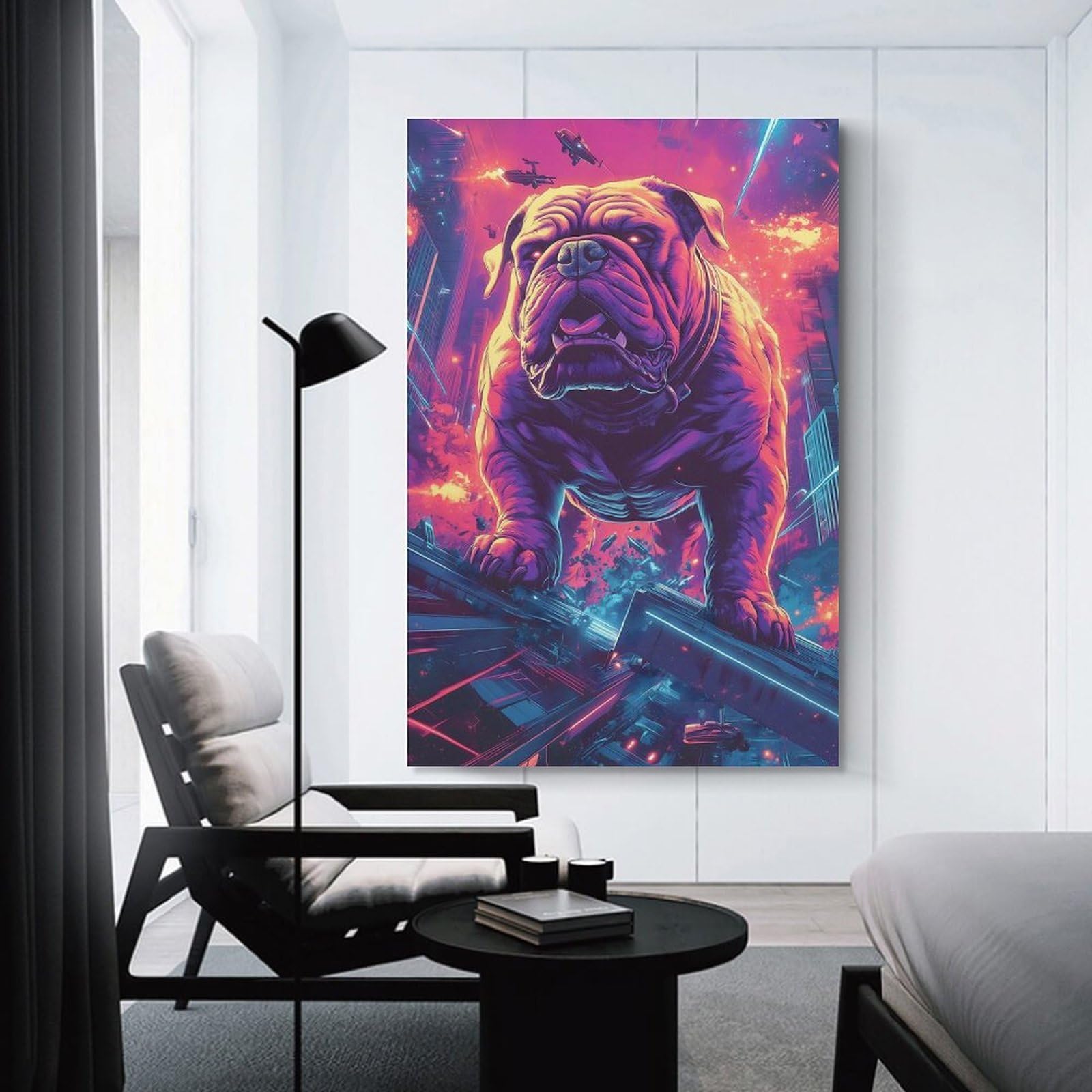 Junmoney Unframe-Style Hanging Wall Art Cyberpunk Bulldog In Futuristic Cityscape Japan, 24X36inch(60X90cm), For Wall Displays, Bedrooms Or Room Updates, Wall Decor Suited To Curated Displays