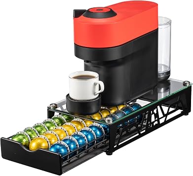 ZCDCP Pod Holder - Modern Sleek Black Metal Capsule Organizer for Nespresso Pod Storage Glass Top, Stylish Coffee Machine Stand for Coffee Bar, Office or Home Kitchen30 Pods Capacity