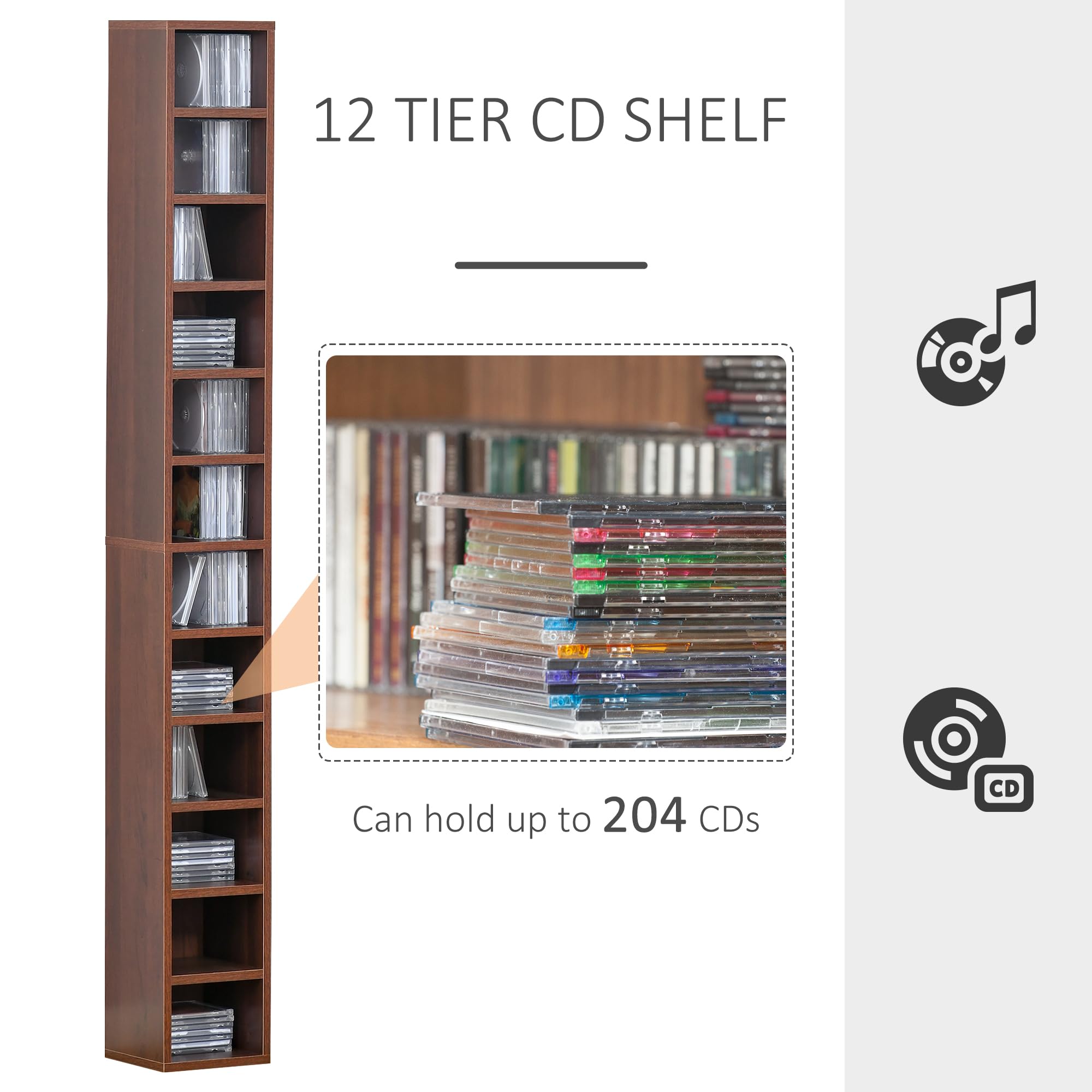 Estantería columna armario de almacenamiento CD-DVD 12 compartimentos 21L X 20L X 175H cm capacidad max. 204 CD Stratis nogal oscuro