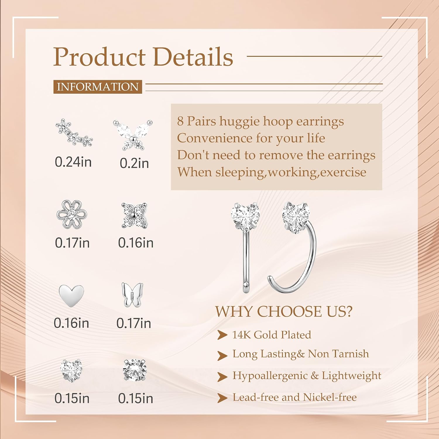 14K Gold Huggie Half Hoop Earrings Cartilage Helix Open Backless Earrings for Women 8 Pairs Hypoallergenic Small Nickel Free No Back Stay Close Jewelry Set Trending Valentine's Day Gifts image 4