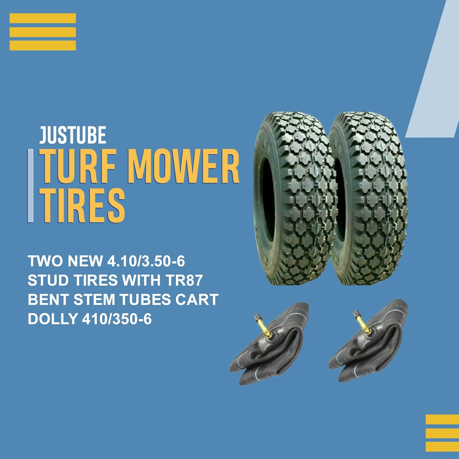 Two New 4.10/3.50-6 Stud Tires with Tr87 Bent Stem Tubes Cart Dolly 410/350-6, Enhanced Traction and Durability, Complete Tire Solution for Cart and Dolly Enthusiasts