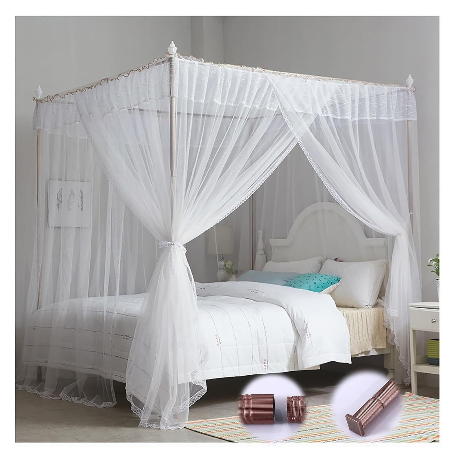 BYZOMU Aluminum Alloy Heavy Duty Canopy Bed Frame 4 Corners Canopy Bed Frame Post Poles with Curtain Mosquito Net Frame for Bedroom Decoration (Color : White, Size : Twin)